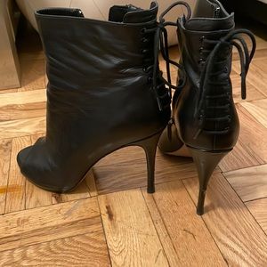 Black leather peep toe 4 inch heeled bootie